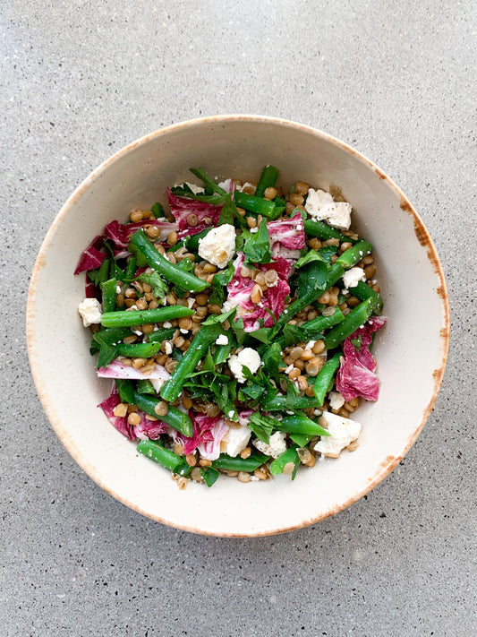 lentil salad with green beans, feta and radicchio