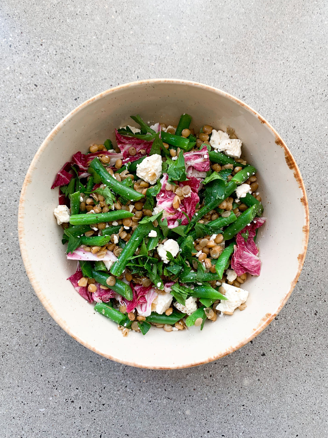 lentil salad with green beans, feta and radicchio